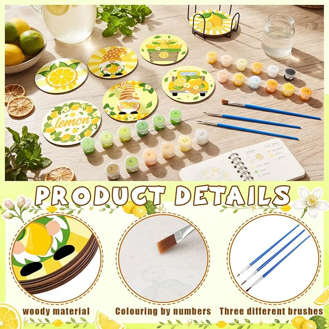 Reallnaive 8 Pcs Lemon Paint by Numbers Kit for Adults Wooden Coasters | Mini Paint by Numbers, Tiny Yellow Gnome Round Oil Painting Drink Coaster with Holder, for Small DIY Craft Birthday Gift