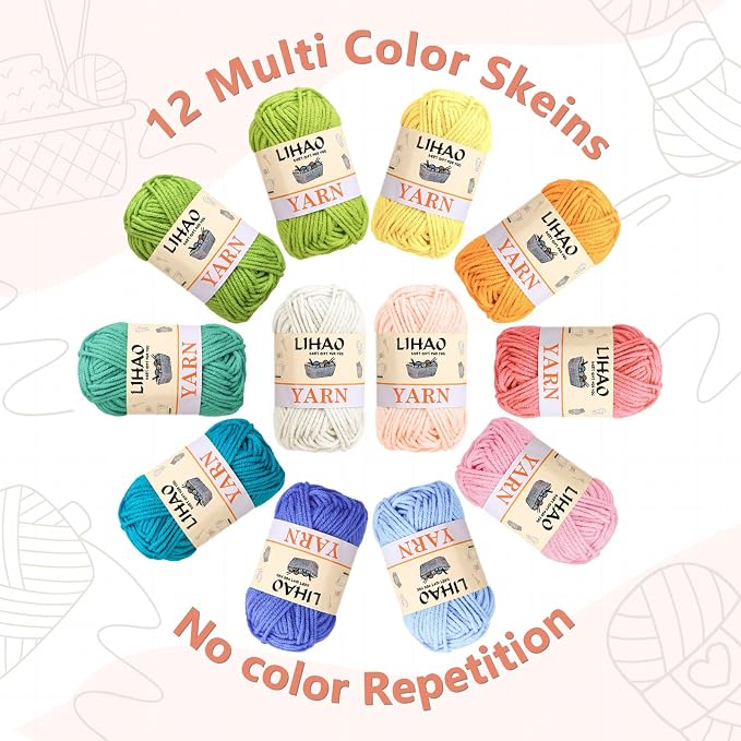 12pcs Yarns for Crocheting, 12 Colors Starter Acrylic Crochet Yarn Bundle 4 Ply for Adult Child Knitting Crochet Crafts (12 x 15g) (Pack of 2)