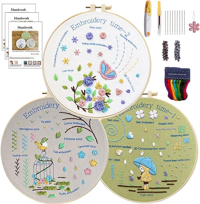 CHIYOSING Embroidery Kit for Beginners Adults, 3 Stages to Learn Over 30 Different Stitches,Includes Step-By-Step Instructions Sharp Scissors and 2 Exquisite Hairpins and Multiple Accessories