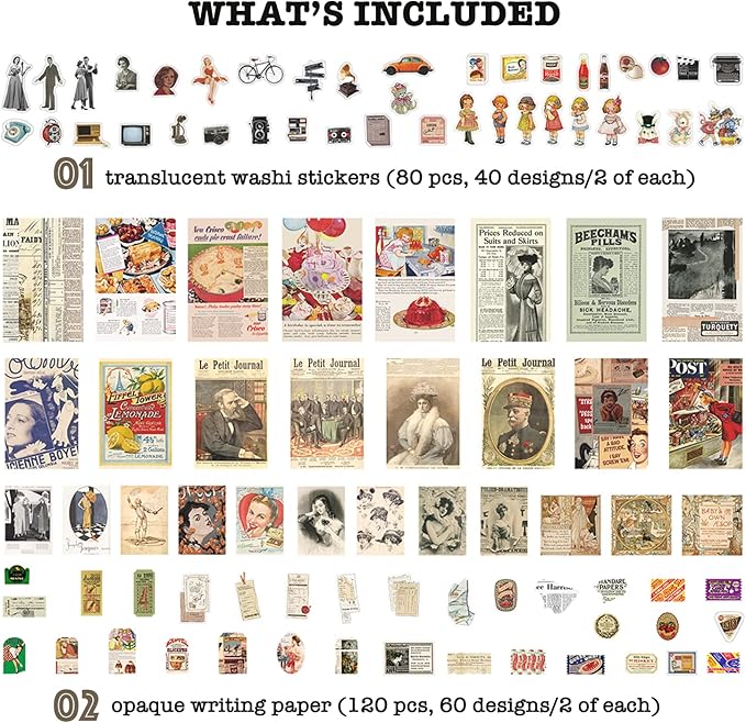 Knaid Vintage Scrapbook Supplies Pack (200 Pieces) for Junk Journal Bullet Journals Planners Aesthetic Paper Stickers Craft Kits Cottagecore Collage Album (Retro)