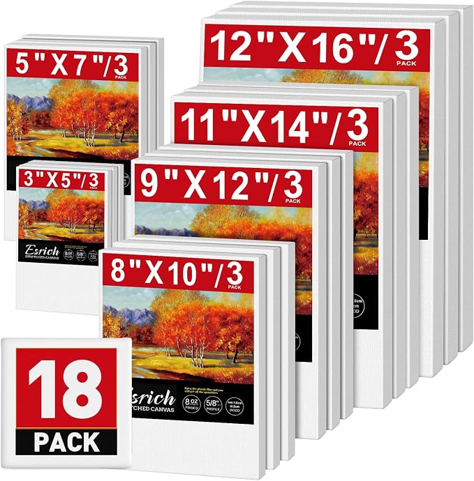 ESRICH Stretched Canvas for Painting,18 Multi Pack Blank Canvases for Painting 12x16, 11x14, 9x12, 8x10, 5x7, 3x5, Cotton Primed Painting Canvas for Oil, Acrylic Paint, for Beginners, Artists.