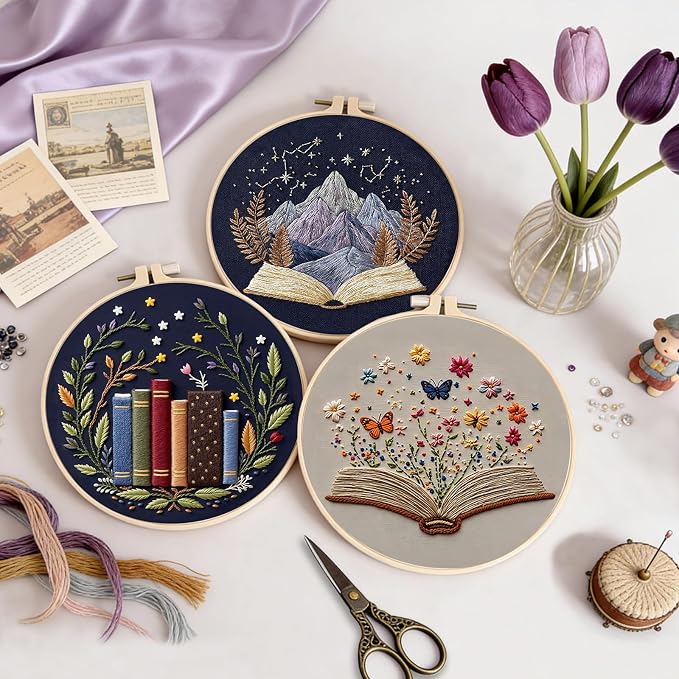 Uniartfy 3 Pack Embroidery Starter Kit, Stamped Book Flower Mountain Butterfly Cross Stitch Kits for Beginners, Needlepoint Kits Adults with Embroidery Hoop and Instructions, Hand Embroidery Kit