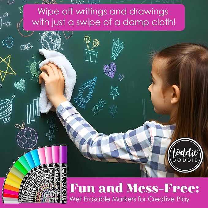 Loddie Doddie Chalk Markers, Chalkboard Markers, Reversible Tips, 16 Pack | Reversible Tips for Bold or Fine Lines, Wipes Clean on Glass, Pastel & Neon Colors for Blackboard Signs, Dry Erase Pen