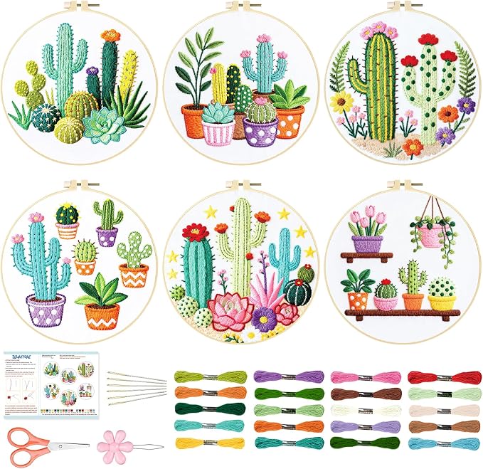 BEUNITONE Cactus Embroidery Kit for Beginners, 6PC Succulent Plant Themed Needlepoint Kits for Adults with Hoops, Threads, Needles, Instructions and Full Kits, DIY Home Decor Craft Gift for Adults