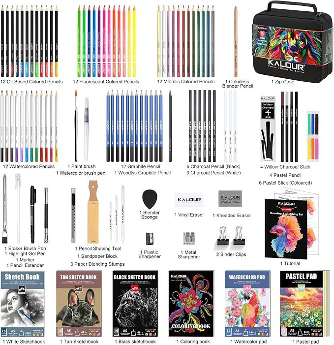 109 Drawing Set Sketching Kit, Pro Art Supplies with Fluorescent, Colored, Watercolor, Metallic, Graphite, Charcoal Pencils, 5 Sketchbook and Coloring Book, for Artists Adults Teens Beginner
