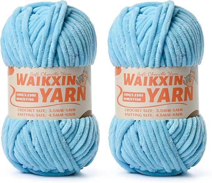 （2 Azure） 2 Pack Super Soft Fuzzy Chenille Chunky Yarn for Crocheting, 200g (175yds) Fluffy Velvet Yarn for Hand Knitting Baby Blankets Weaving Craft