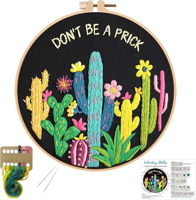 Louise Maelys Cactus Embroidery Kit for Beginners Plant Gift DIY Craft | Cross Stitch Kits for Adults Featuring Funny Cactus Artwork. Needlepoint Kit for Beginners to Enjoy Creative DIY Embroidery