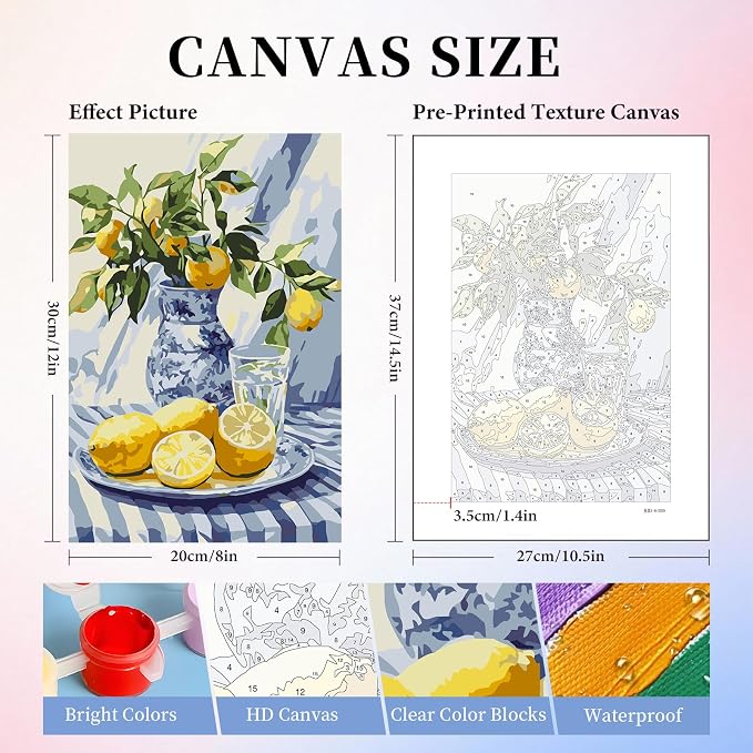 Camocin 6 Pack Paint by Numbers Kit for Adults, Lemon Canvas Painting Set | 8x12 Inch, DIY Acrylic Painting Craft Kit for Beginners without Frame, Relaxing Creative Hobby, Home Wall Decor, Gift