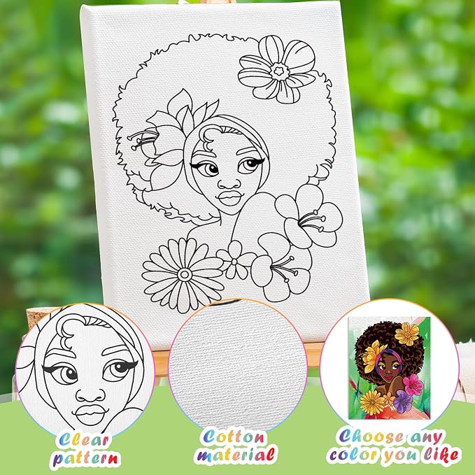 Chuangdi 10 Pcs Afro Queen Pre Drawn Canvas for Painting Pre Printed Paint and Sip Party Supplies 8 x 10 Inch Stretched Outline Board Painting Kit for Adults Beginner Artist DIY