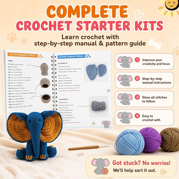 JYZJDKE Crochet Kit for Beginners Adults - DIY Amigurumi Elephant Knitting Starter Kit with Yarn Sets, Crochet Animal Kit Cute Stuffed Animal Craft Birthday Gifts (Dark Blue+Ginger Elephant)