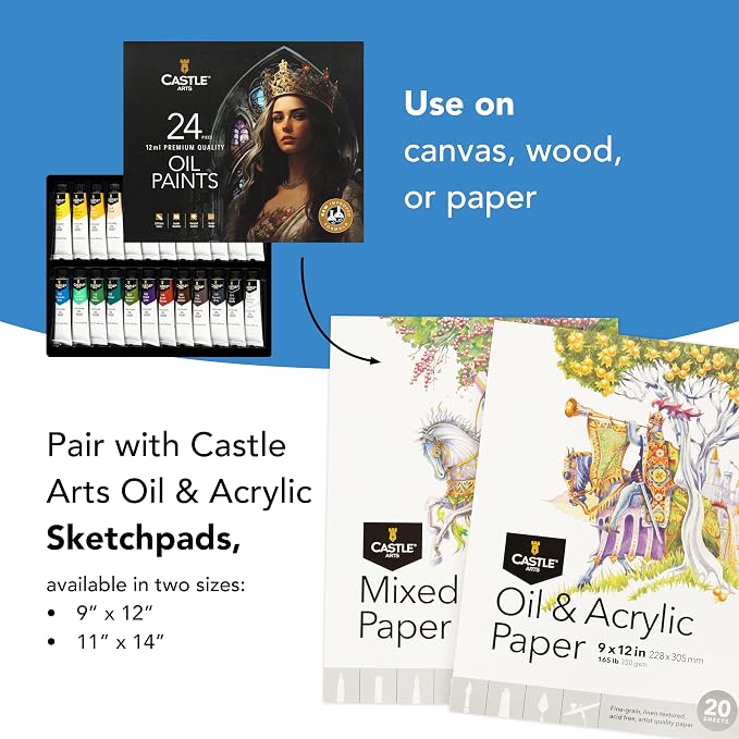 Castle Art Supplies 24 X 12ml Oil Paint Set for Adults - New Formula | Richer, vibrant, smooth-to-use colors for beginners through advanced artists - tutorial and presentation box included