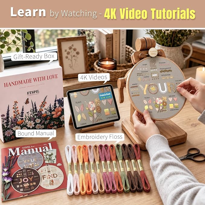 ETSPIL Embroidery Kit for Adults, 42 Stitches, 4K Video, Storage Bag | Stamped Floral Letters FIND YOUR JOY. Step-by-Step Guide. 20% Extra Floss. Beginner-Friendly. Relaxing Craft for Women