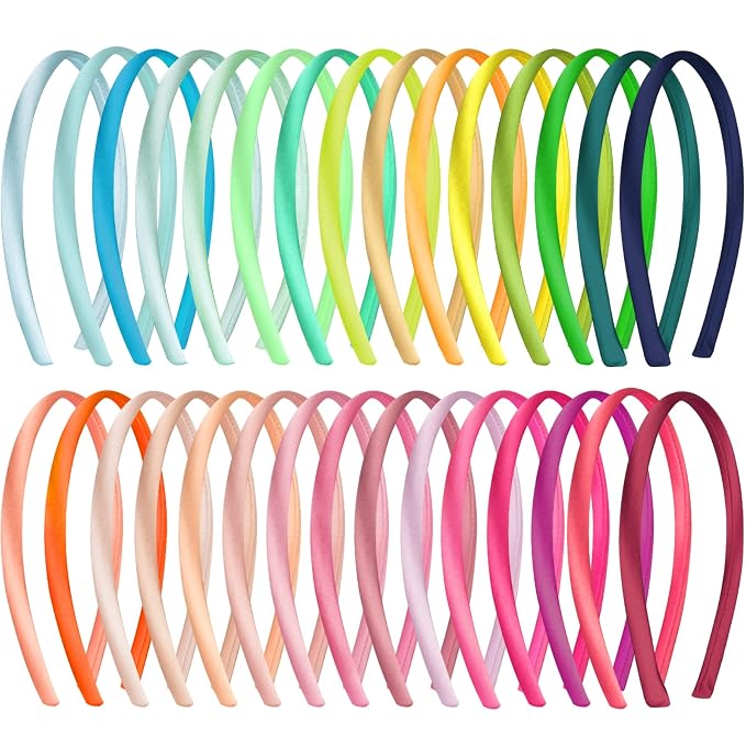 Duufin 30 Pieces Satin Headbands for Girls Colorful Satin Covered Headbands