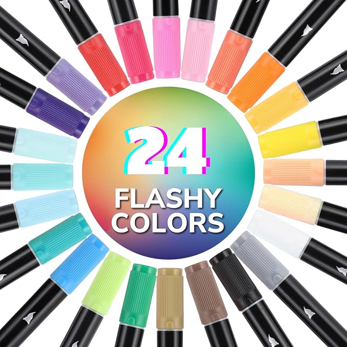 HUAL Dual Tip Acrylic Paint Pens, 24 Colors Fine & Brush Tip Markers for Professional Artists, DIY Crafts on Rock, Ceramic, Wood, Glass, Fabric & Canvas, Non-Toxic, Waterproof Art Supplies