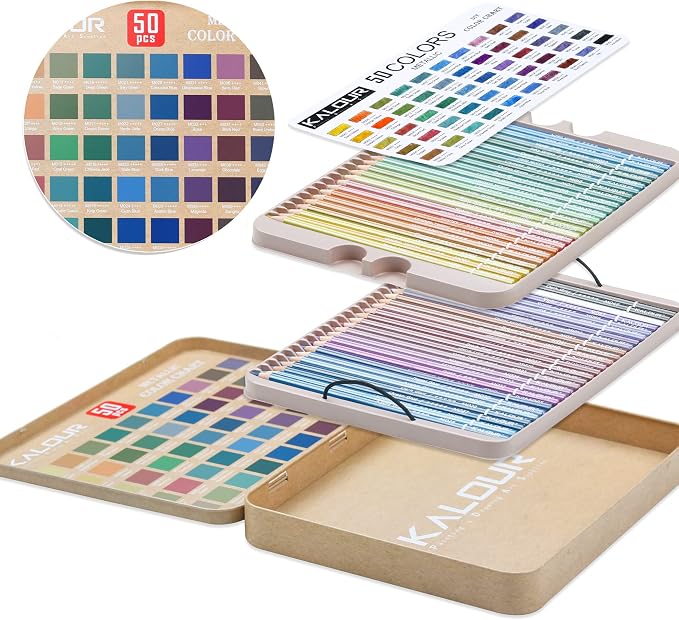 KALOUR 50 Piece Metallic Colored Pencils for Adult Coloring,Soft Core with Vibrant Color,Ideal for Drawing Blending Sketching Shading,Coloring Pencils for Adults Beginners
