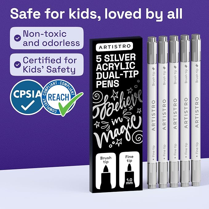ARTISTRO 5 Silver Dual-Tip Acrylic Paint Marker Pens for Drawing | For Fabric, Rock, Glass, Wood, & Molds, Arts & Crafts Gift for Adults, Teens, & Kids, Classroom Must Haves & School Supplies
