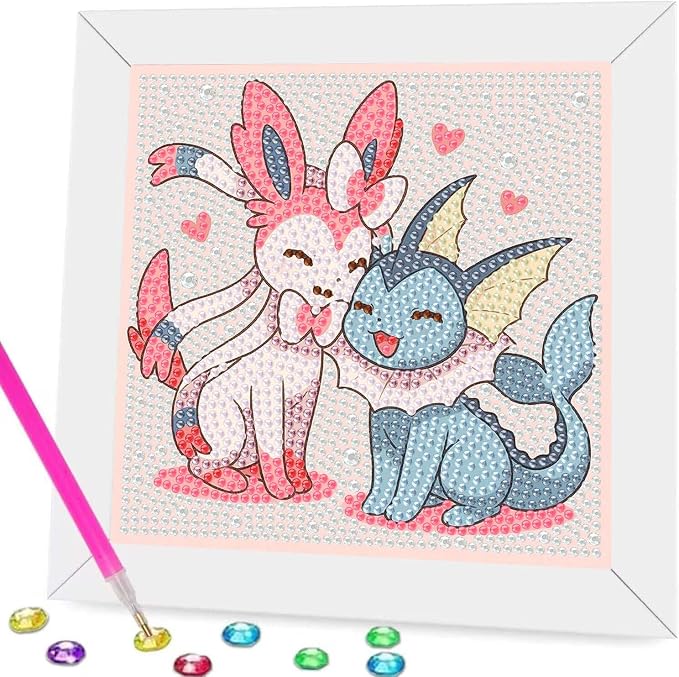 Fuinkqe Framd Diamond Art for Kids,Cartoon Diamond Painting Kits for Kids with Wooden Frame,Diamond Dots for Kids Ages 6-8-10-12 for Gifts and Home Wall Decoration(7X7 inch)