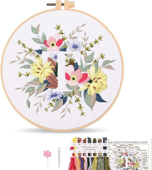 Harimau Letter Pattern T Embroidery Kit for Adult Beginners, Complete Starter Pack with 1 Hoop, Needles, Instruction Guide & Embroidery Stitch Video Tutorials