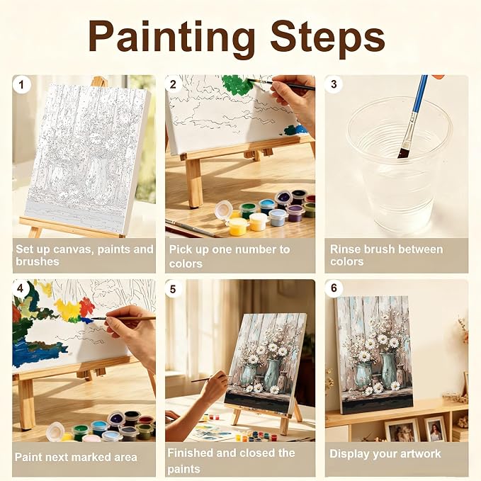 Gemozaic Framed Paint by Numbers Kit for Adults, Vintage Flowers Paint by Numbers with Frame & Easel, Rustic DIY Number Painting for Gift, Home, Office, Wall Decor, 8 x 12 Inch