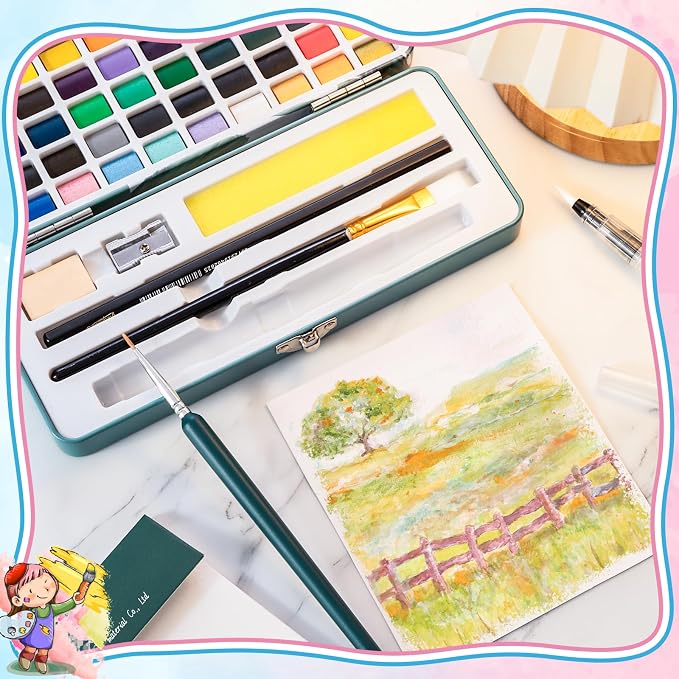 Prudiut Watercolor Paint Set, 50 Colors with Paper, Brushes & Palette | Highly Pigmented Colors, Portable Box, Beginner Friendly, For Sketching, Calligraphy & Travel Art