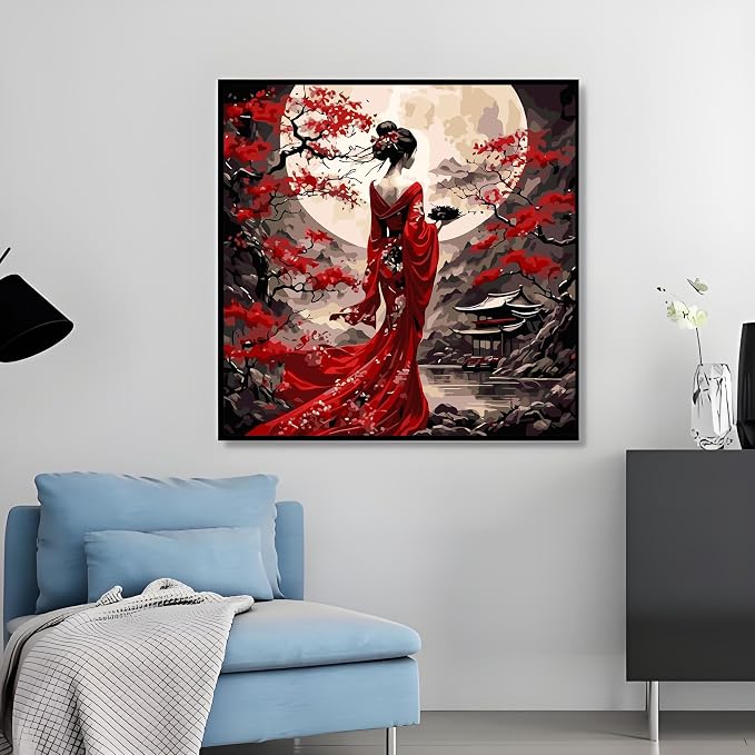 OJTOYART Paint by Number Kits for Adults, Oriental Lady & Moon Paint by Number Kits on Canvas, DIY Acrylic Watercolor Oil Colorful Painting by Number for Adults Home Decor 16 x 16 Inch