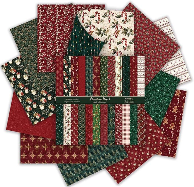 Christmas Scrapbook Paper Double Sided - 24 Sheets 12 x12 in Printing Pattern Decoupage Decorative Craft Paper Pad for Junk Journals Bullet Journal Card Making