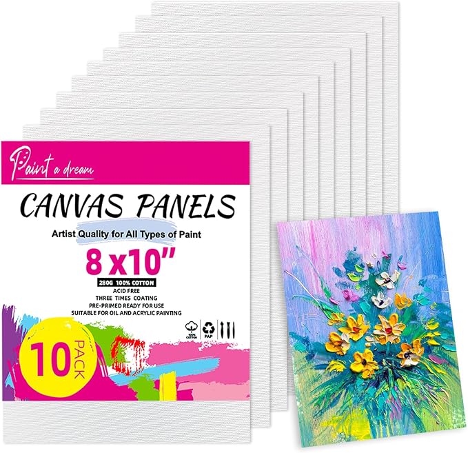 10 Pack 8"x10" Canvas Boards for Painting, 100% Cotton Triple Primed | Flat Canvas Panels for Acrylics & Oils Watercolor Paints, Acid-Free & Non-Toxic, Art Boards for Home Decor, Classroom