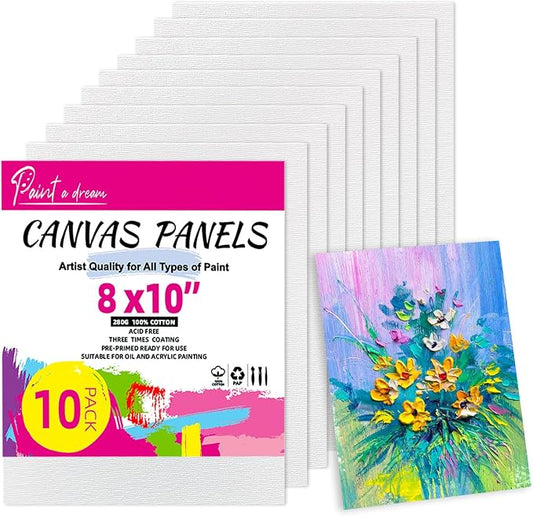 10 Pack 8"x10" Canvas Boards for Painting, 100% Cotton Triple Primed | Flat Canvas Panels for Acrylics & Oils Watercolor Paints, Acid-Free & Non-Toxic, Art Boards for Home Decor, Classroom