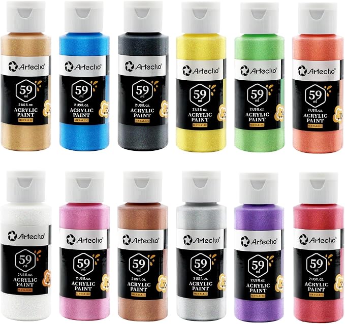 Artecho 12 Metallic Colors Acrylic Paint 59ml / 2oz Bottle | Semi Glossy Finish, High Pigment Rich Color Craft Paint for Canvas, Rocks, Wood, Fabric, Ceramic, Non-Toxic