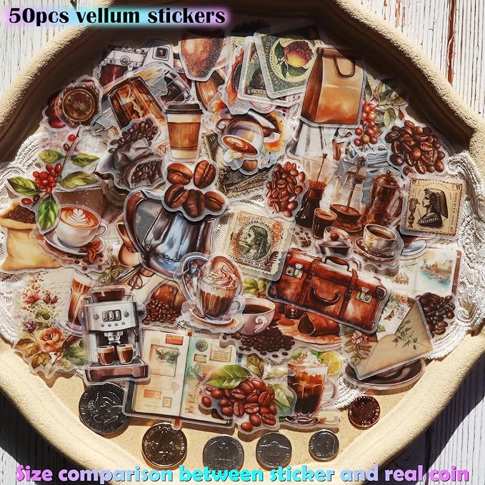 CATaireen Vintage Junk Journal Ephemera Scrapbooking Supplies Translucent Vellum Paper Stickers Card Making Decal Art Aesthetic for Adults (Ephemera Coffee -2)