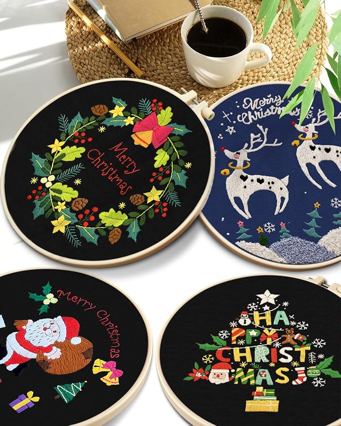 TINDTOP Christmas Embroidery Kit for Adult, Embroidery DIY Starter Kit | 4 Pack with Stamped Patterns, Hoop, Tools, Colorful Threads with Needles, Instructions