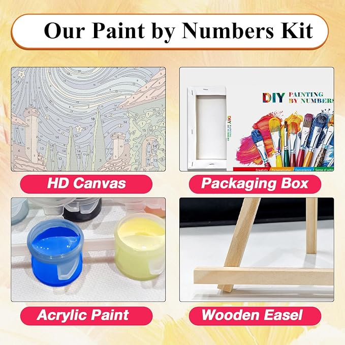 SparkGlow Starry Night Framed Paint by Number Kits for Adults, 8×12 Inch | Landscape Painting by Number, Include Easel, Premium Canvas, Number Painting for Gift, Home Decor, Relaxing and Enjoyable