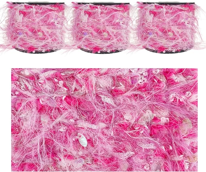 Artisanal Yarn Collection Multifiber Fancy Yarn with Iridescent Sequins for Knitting Crocheting Crafts DIY, Set of 3 Rolls (Neon Pink)