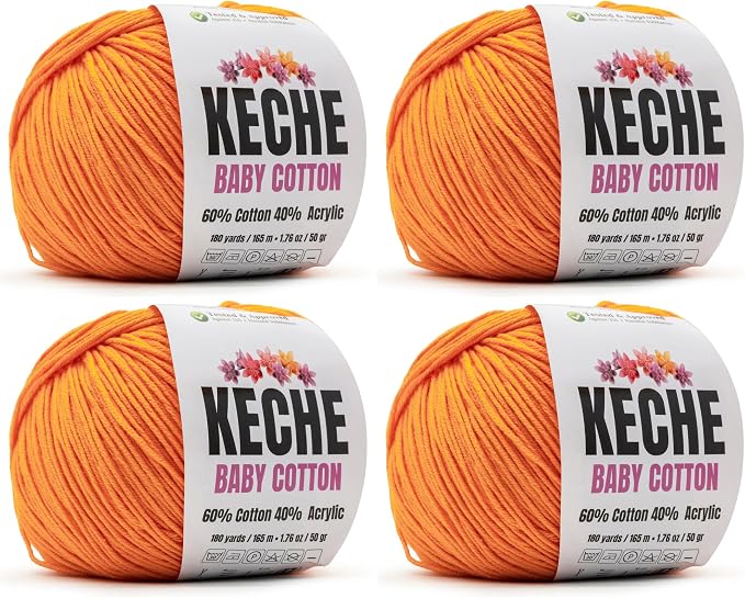Keche Baby Cotton, 60% Cotton 40% Acrylic Yarn, Soft Cotton Yarn for Crochet and Knitting, Amigurumi Yarn 4 Skeins/Balls [1.76 Oz (50g) / 180 Yrds (165m)] x 4 - Pumpkin