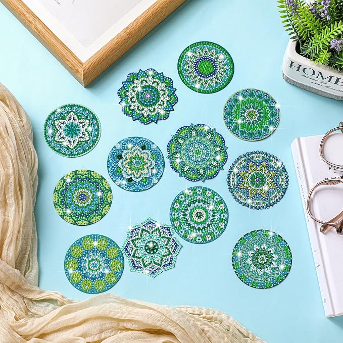 Zonon 12 Pcs Mandala Diamond Art Fridge Magnets, Teal Green | Refrigerator Magnets for Whiteboard Locker Office, Boho Turquoise Diamond Painting Patterns, Round Hexagon Designs