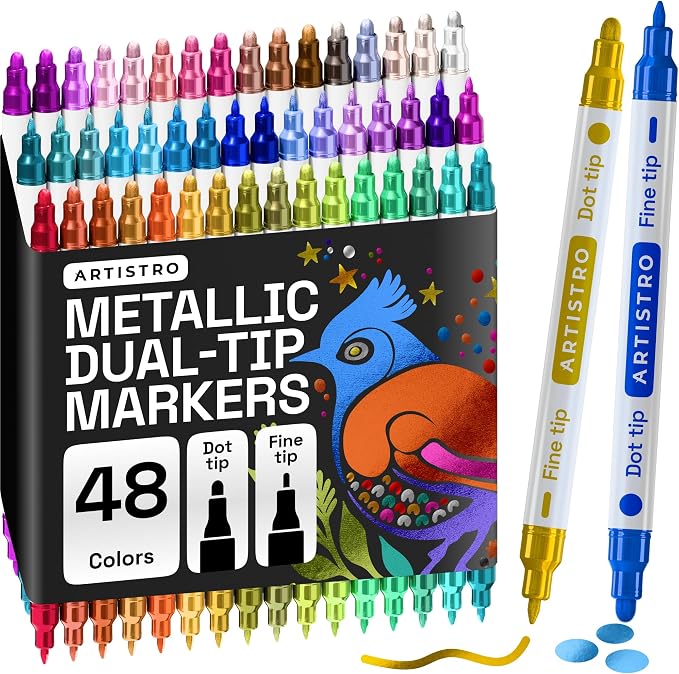 ARTISTRO Metallic Dual-Tip Acrylic Paint Marker Pens - Set of 48 | For Fabric, Rock, Glass, Wood, & Coloring Books, Arts & Crafts Gift, Classroom Must Haves & School Supplies (Dot & Fine Tips)