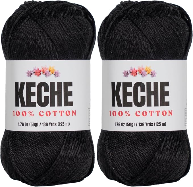 Cotton Yarn - 100% Cotton Yarn for Crocheting and Knitting, Mercerized Cotton Amigurumi Yarn Fine-Sport 2 1.76 oz (50g) / 136 Yrds (125 m) 2 Skeins - Black