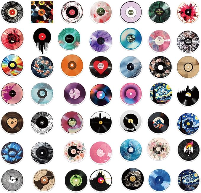 Music CD Stickers, 50 Pcs Vinyl Cartoon Record Album Sticker for Water Bottle Laptop Cars Guitar Skateboard Bumper Vintage Waterproof Music Stickers for Teens Adults (Colourful-F4)