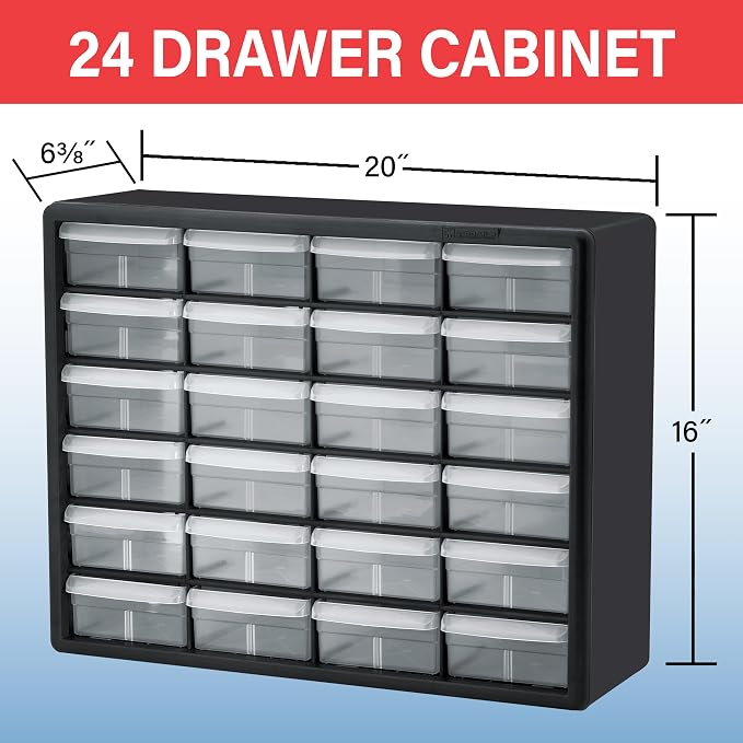 Akro-Mils 24-Drawer Plastic Storage Cabinet, 20"W x 6"D x 16"H, Red | Plastic Cabinet w/ Drawers for Garage Organization, Beads, Building Bricks Storage, Teacher Toolbox, Makeup Organizer, 10124