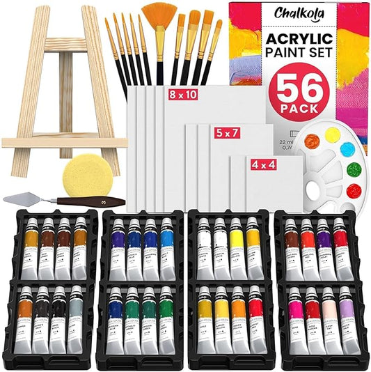 Chalkola Acrylic Paint Set for Adults & Kids - 56 Pcs Canvas Painting Kit with 32 Paints (22ml), 10 Brushes, 10 Canvases, Tabletop Easel, Palette, Knife - Professional Craft & Art Painting Supplies | 32 Acrylic Paints (22ml), 10 Brushes, 10 Canvases, T...