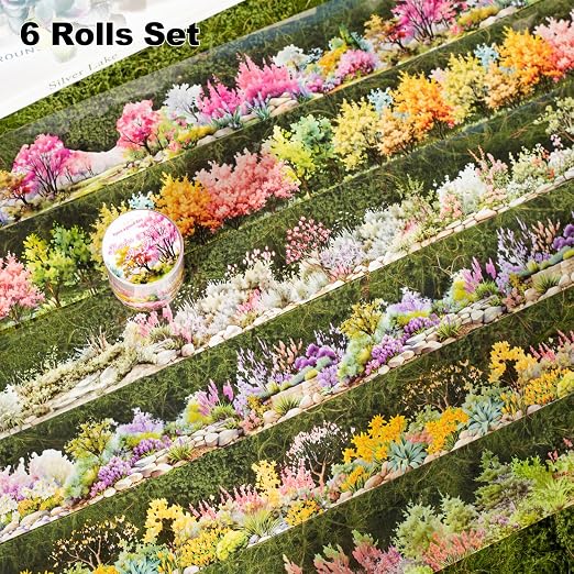 6 Rolls Transparent Floral and Botanical PET Tape Set, Landscape Stickers for Journaling, Scrapbooking, and DIY Crafts, with Decorative Clip