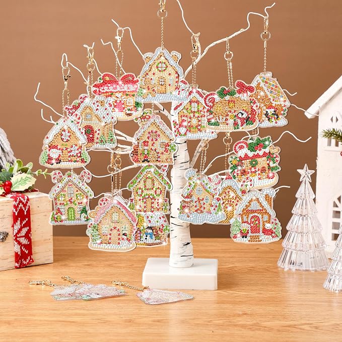 Tondiamo 20 Pcs Christmas Diamond Painting Keychain Kits 5D DIY Diamond Art Pendants Double Sided Hanging Key Chains for Christmas Party Decoration DIY (Gingerbread House)