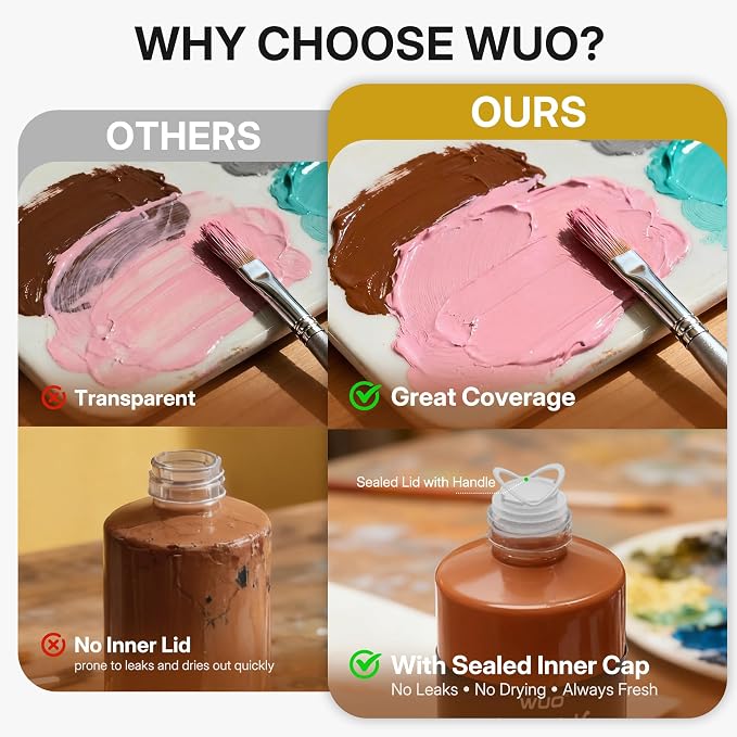 WUO 24 Colors Acrylic Paint Set, 250ml/8.45oz Professional Acrylic Paint | Large Bulk Rich Pigment Non-Toxic Multi-Surface Art Supplies for Artists Beginners Adults on Canvas Wood Rock Ceramic Crafts