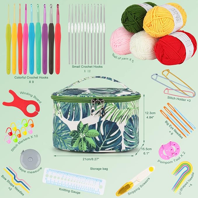 Aeelike Crochet Kits for Beginners with Yarn, Green | Learn to Crochet Set Included Crochet Hooks Supplies DIY Tools,Crocheting Kit for Adults Kids with Portable Green Leaves Bag