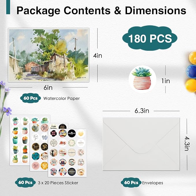 KOVIEDE 60 Pack Blank Watercolor Cards with Envelopes 4 x 6 Inch