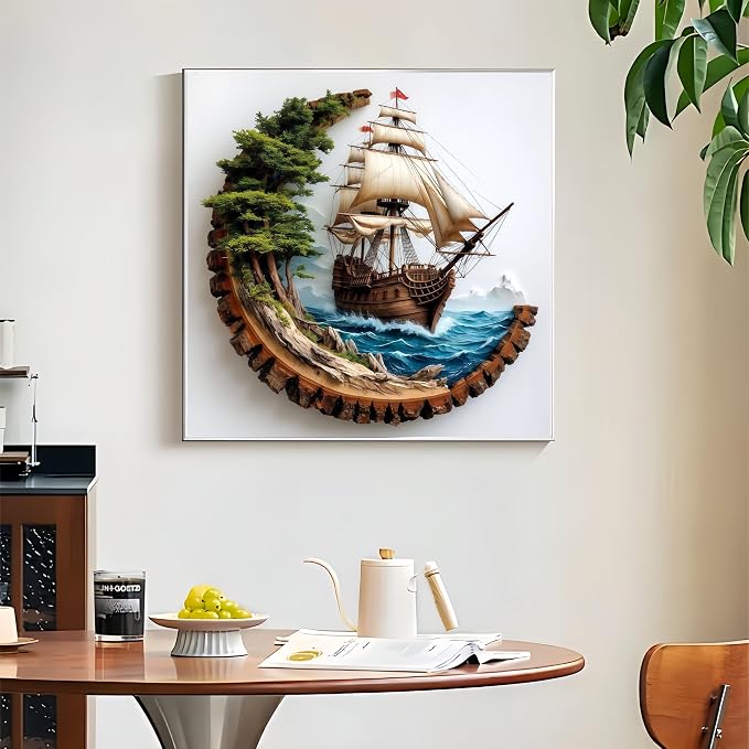 Diamond Paintings Kits for Adults,Sailboat Diamond Art,13.8x13.8 Inch | 5D DIY Full Round Drill Odyssey Wooden Nautical boat Paint by Diamond,Diamond Painting Dot Gem Art Crafts,for Home Wall Decor