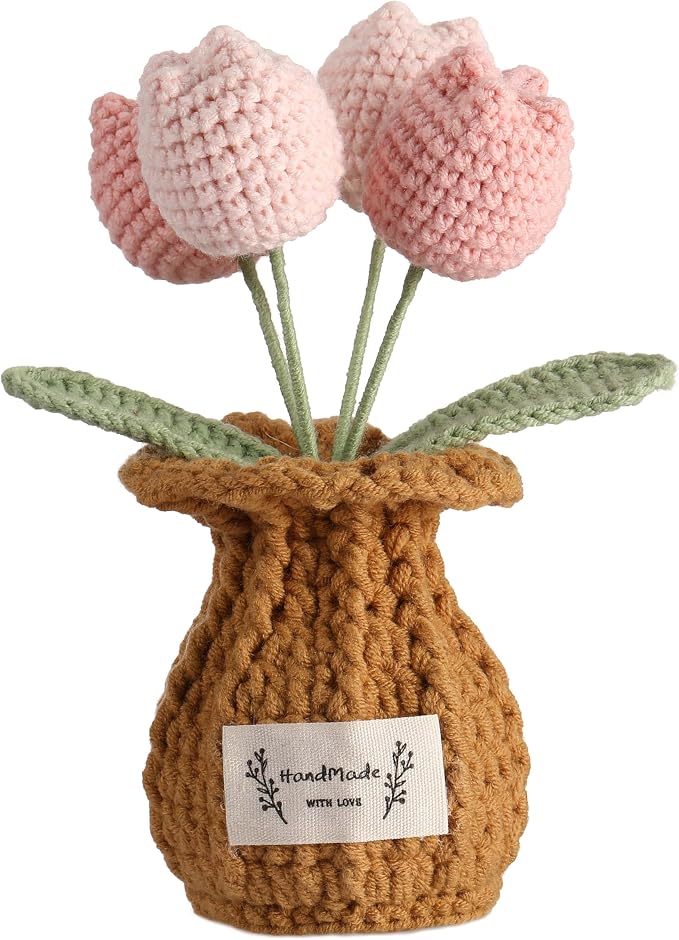 Tulip Crochet Flower Potted Plant Handmade Desk Decor Gift