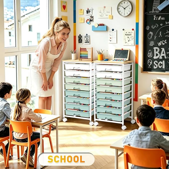 SUNALLY Rolling Cart With 8 Drawers,Storage Drawer Cart for Craft Art,Green | Storage Utility Cart with Wooden Tabletop & 2 Lockable Wheels, Teacher Storage Cart for Classroom School Storage, Makeup,Nail
