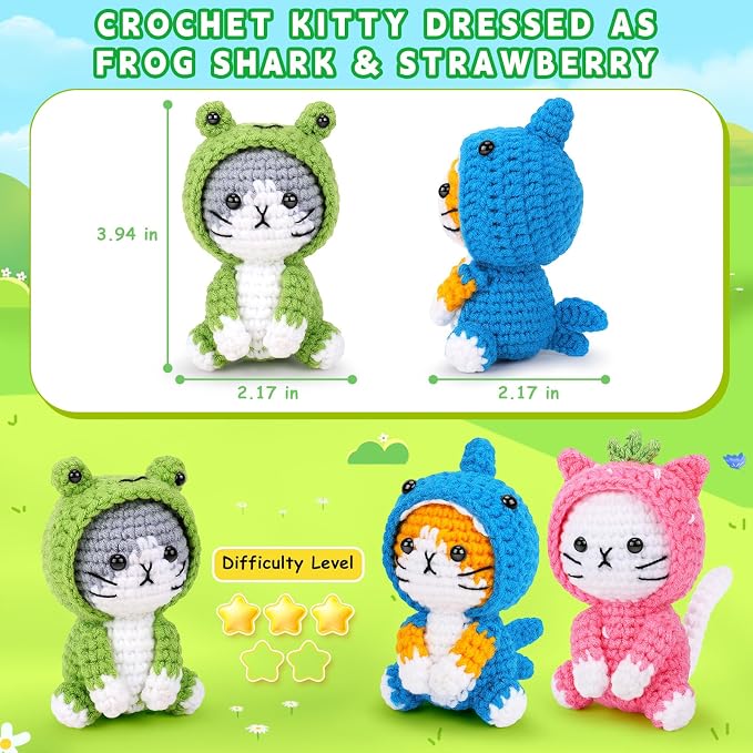 Fortuning's JDS Crochet Kit for Beginners, 3 PCS Crochet Animal Kits | w/ Step-by-Step Video Tutorials, Beginner Crochet Kit for Adults, Cat Dressed as Shark Frog Strawberry
