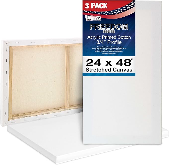 U.S. Art Supply 24"x48" Stretched Canvas for Painting, 3/4" Profile, 3-Pack
